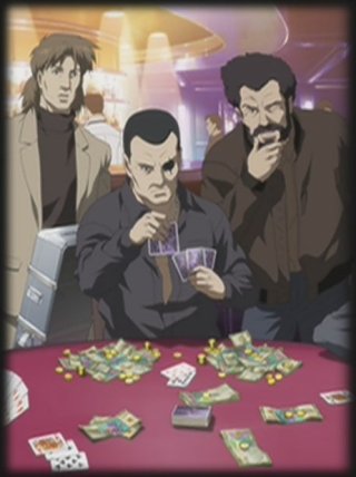 Togusa and Ishkawa watch Saito play cards